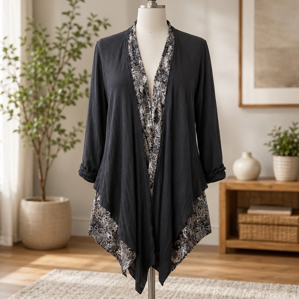 Viola Open Front Cardigan Womens Large Black‎ Sheer Mesh Sharkbite Hem Layering